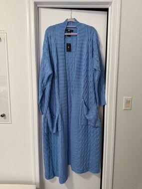 NWT Ashley Stewart Blue cable knit sweater duster cardigan 26/28 Frozen Fjord